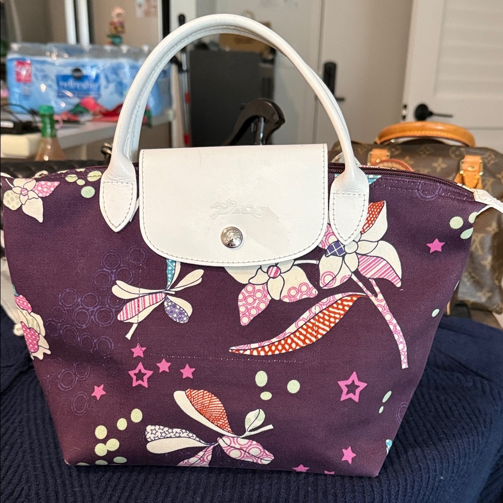 Longchamp Purple and White Floral Satchel